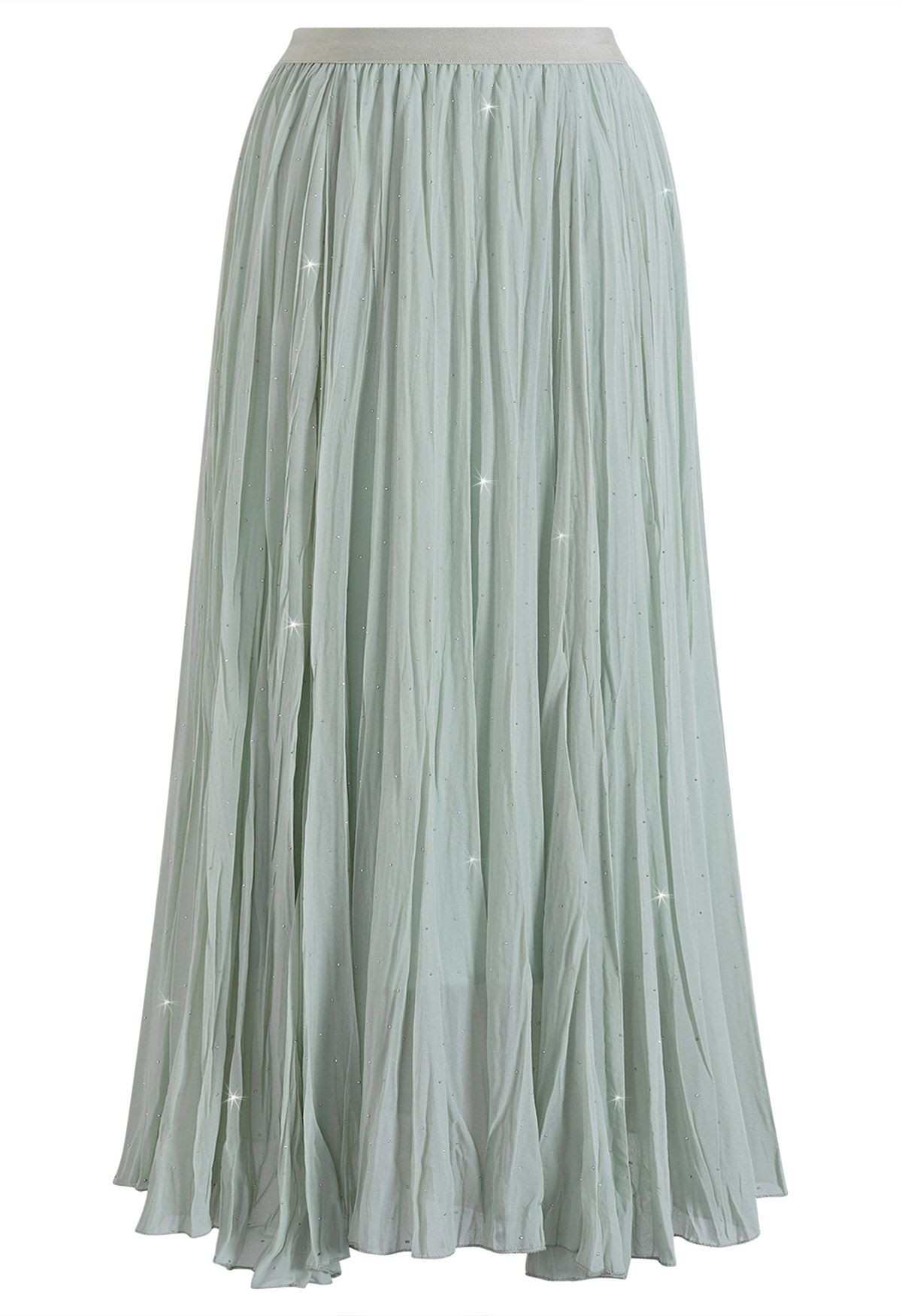 Sparkly Rhinestone Embellished Crinkle Maxi Skirt in Mint for Park Picnics & Coastal Vacations | Chicwish