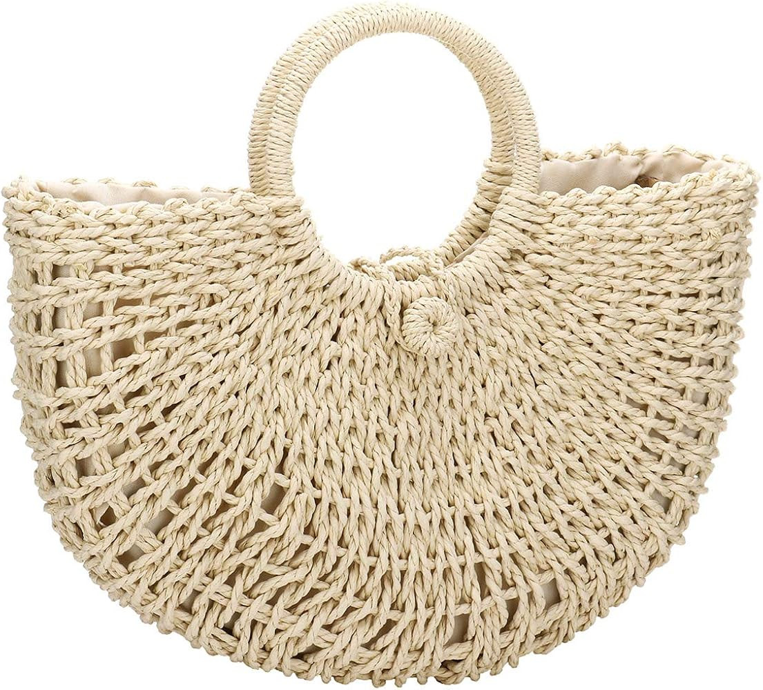 YYW Straw Bags for Women,Hand-woven Straw Top-handle Bag with Round Ring Handle Summer Beach Ratt... | Amazon (US)