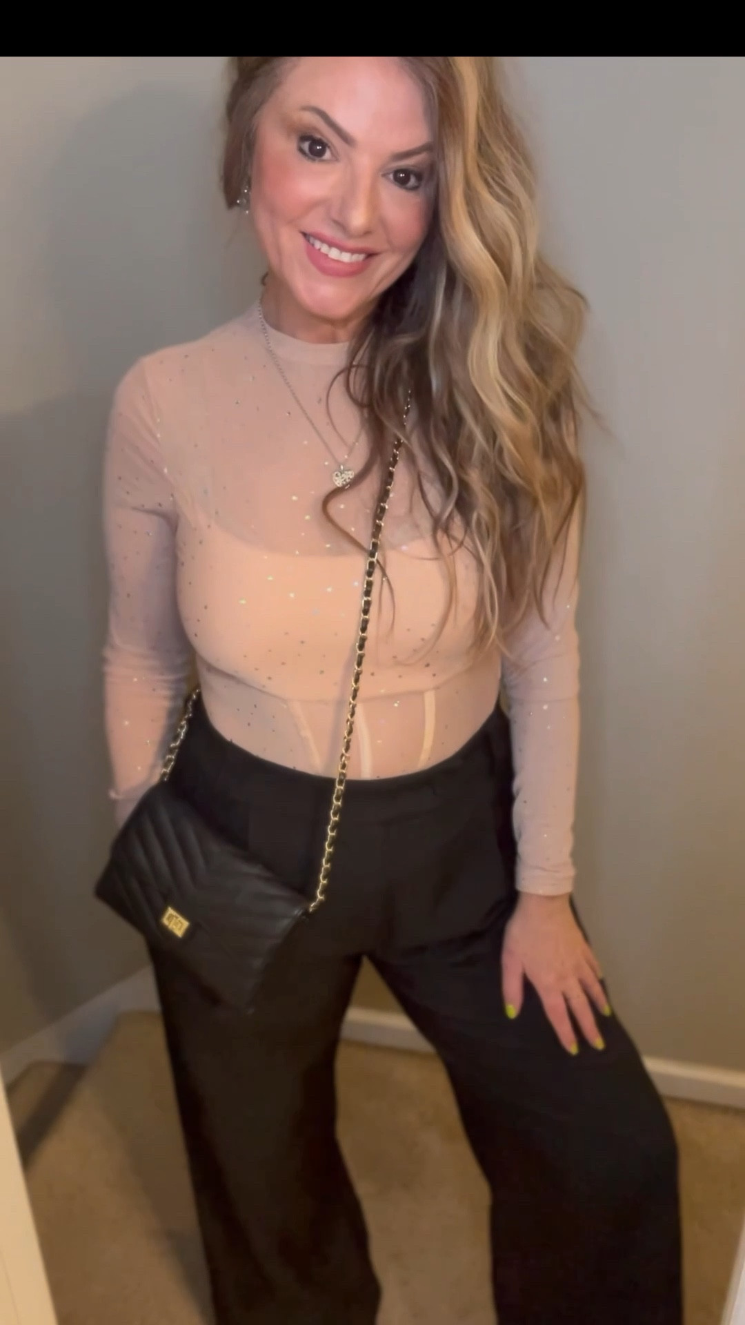 ✨Mesh “bling” bodysuit
✨Black trousers 
✨Faux leather maxi 

#LTKOver40 #LTKspring #LTKdayinmylife