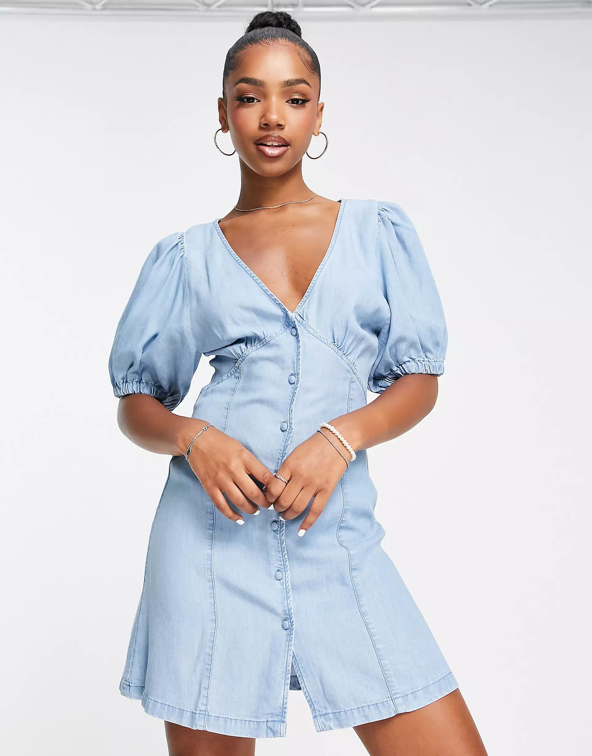 ASOS DESIGN soft denim seamed mini tea dress in blue | ASOS (Global)
