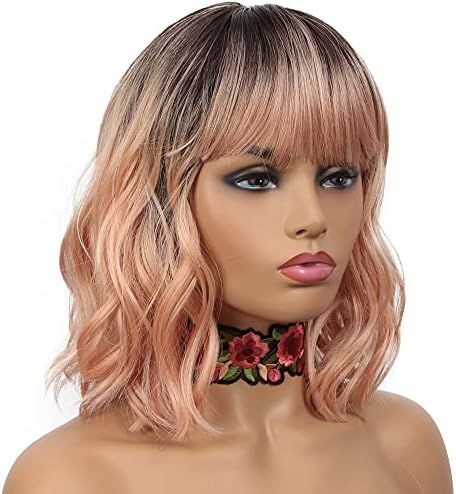 NOBLE Peach Wig Bob Curly Wavy Wigs with Air Bangs for Women Synthetic Short Wavy Wigs with Bangs... | Amazon (CA)
