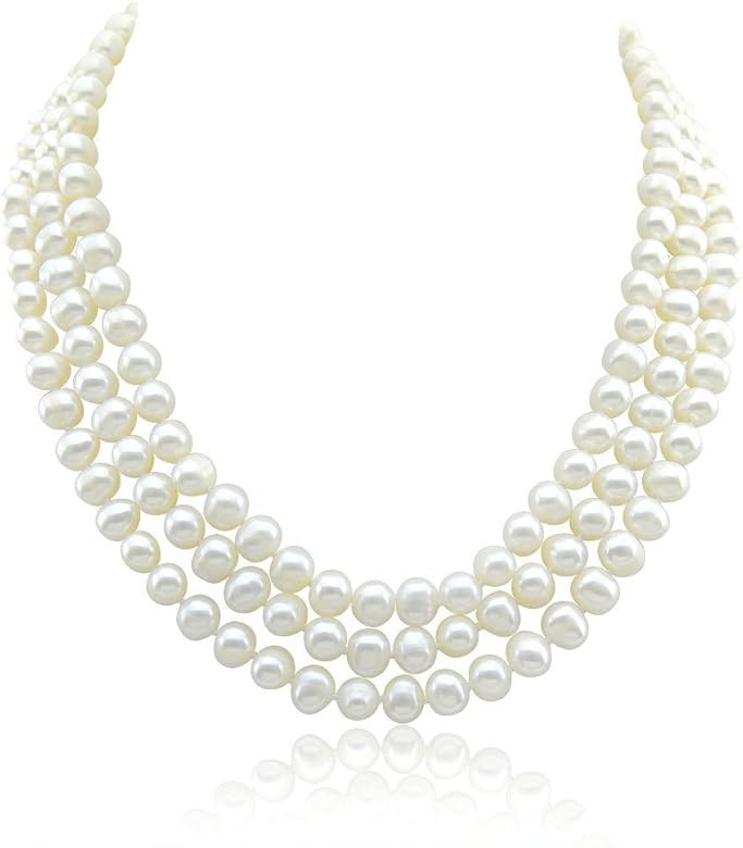 3-row White A Grade Freshwater Cultured Pearl Necklace (6.5-7.5 mm) With rhodium plated base meta... | Amazon (US)