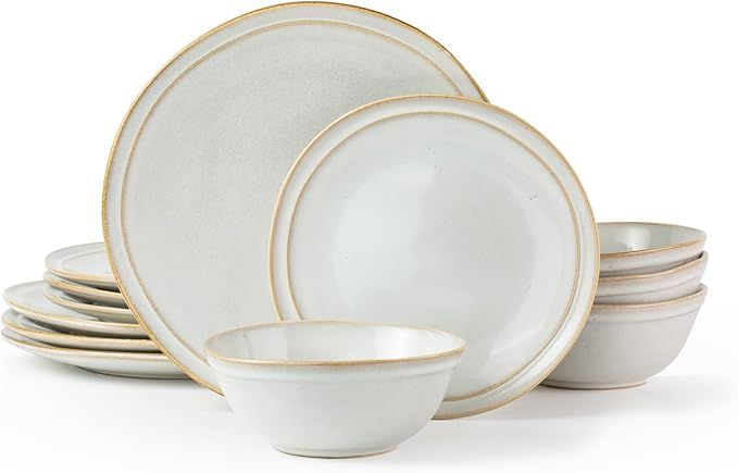 Famiware Aegean Plates and Bowls Sets, Dishes Set for 4 (12Pcs), Stoneware Dinnerware Set, Handma... | Amazon (US)