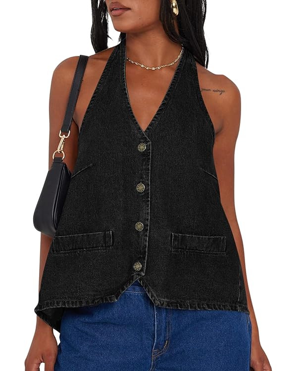 Tankaneo Womens Halter Denim Vest Tops Summer Open Back Y2K Going Out Tank Tops V Neck Button Dow... | Amazon (US)