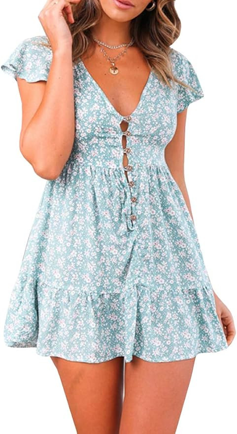 GAMISOTE Womens Floral Print Mini Dress V Neck Short Sleeve Boho Swing Dresses | Amazon (US)