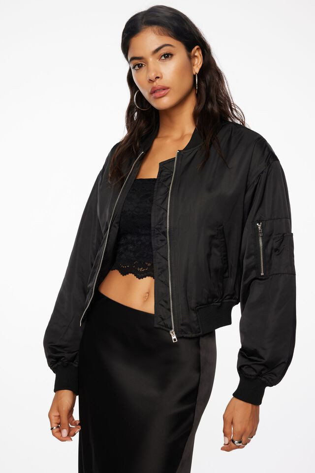 Cropped Satin Bomber Jacket | Dynamite Clothing