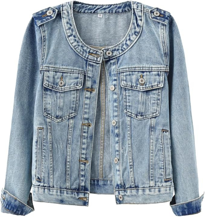 Kedera Women's Denim Jacket Button Down Collarless Long Sleeve Washed Cute Jean Jackets | Amazon (US)