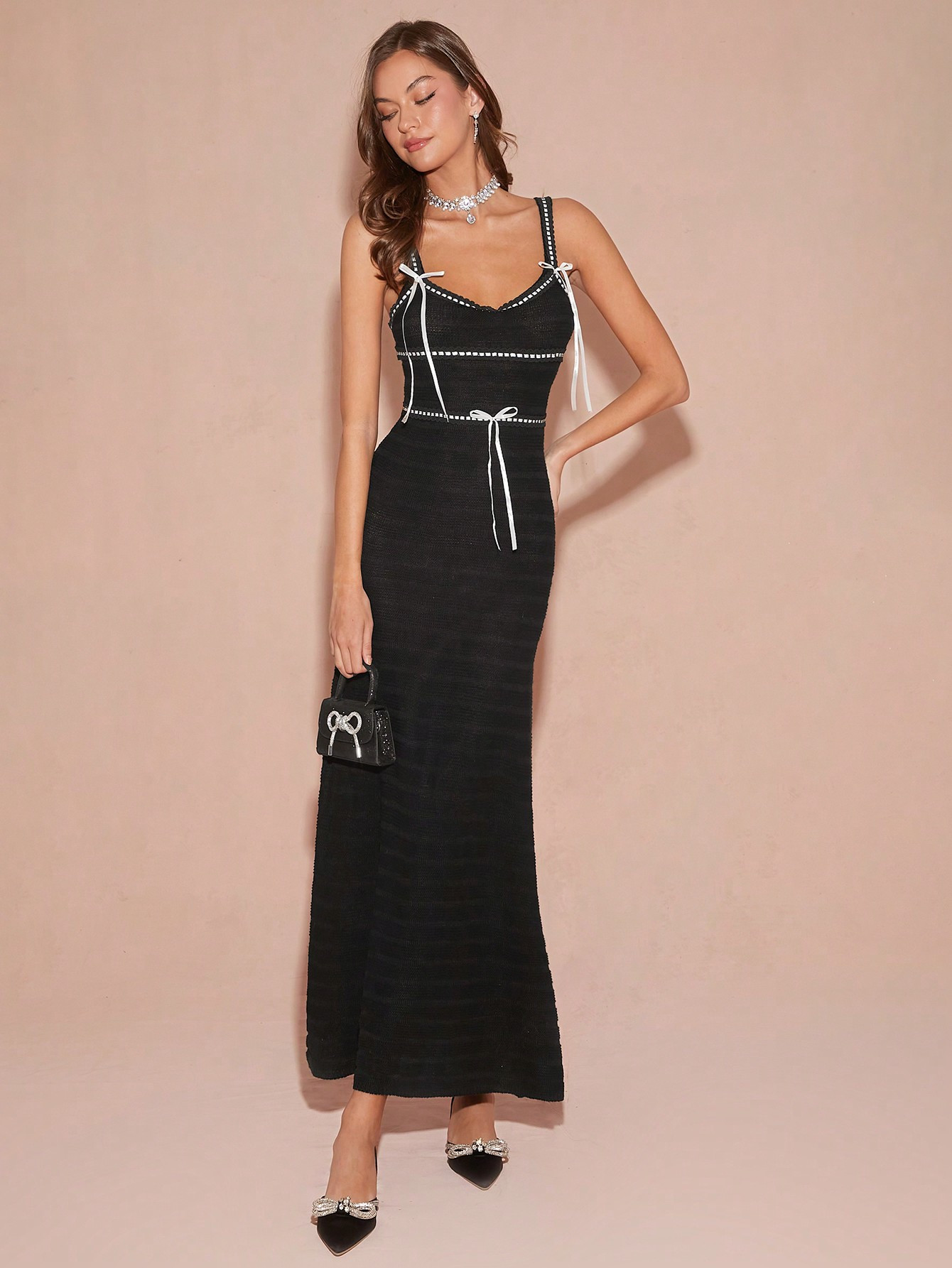 Enchnt Women's Black And White Bow Embellished Sleeveless Sweater Dress, Sophisticated Sweater Dr... | SHEIN