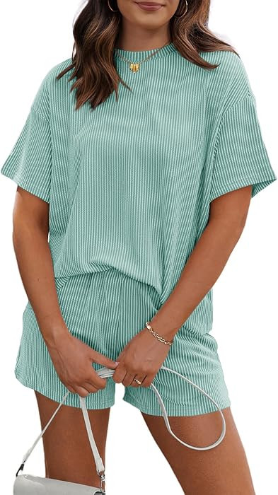RUBZOOF Women's 2 Piece Sets Short Sleeve Outfits Ribbed Textured Knit Lounge Shorts Set Oversize... | Amazon (US)