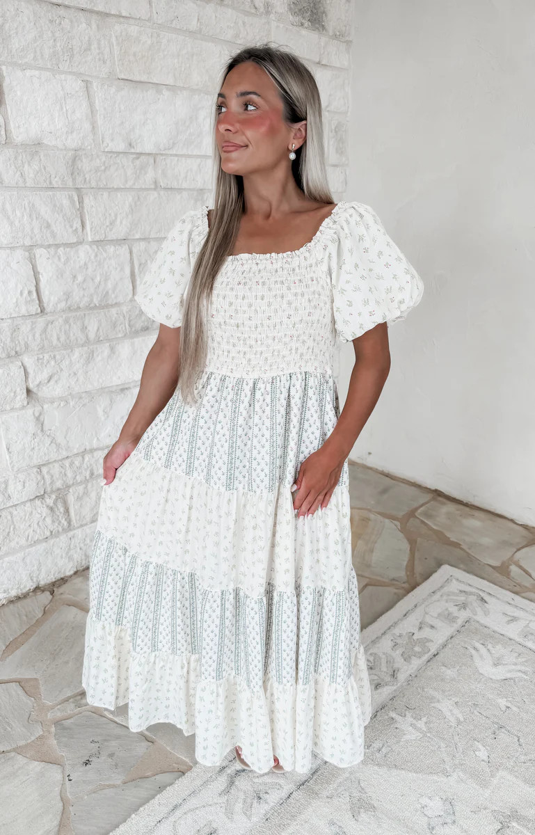 Effortless Beauty & Ease Mix Floral Smocked Midi Dress - Cream/Green | CK Squared Boutique