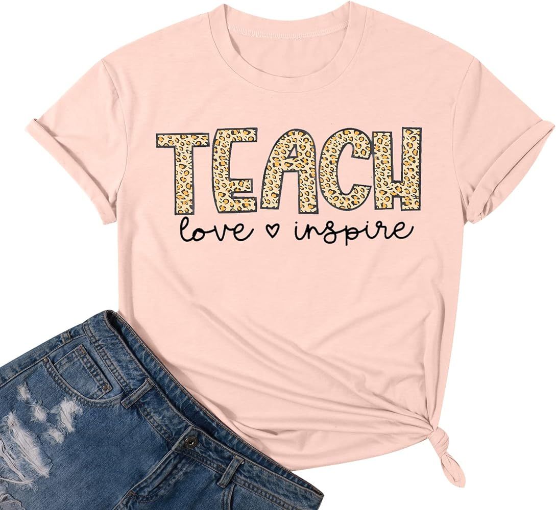 FASHGL Teacher T-Shirt Women Teacher Life Shirt Teach Love Inspire Tee Leopard Teaching Tshirt Ed... | Amazon (US)
