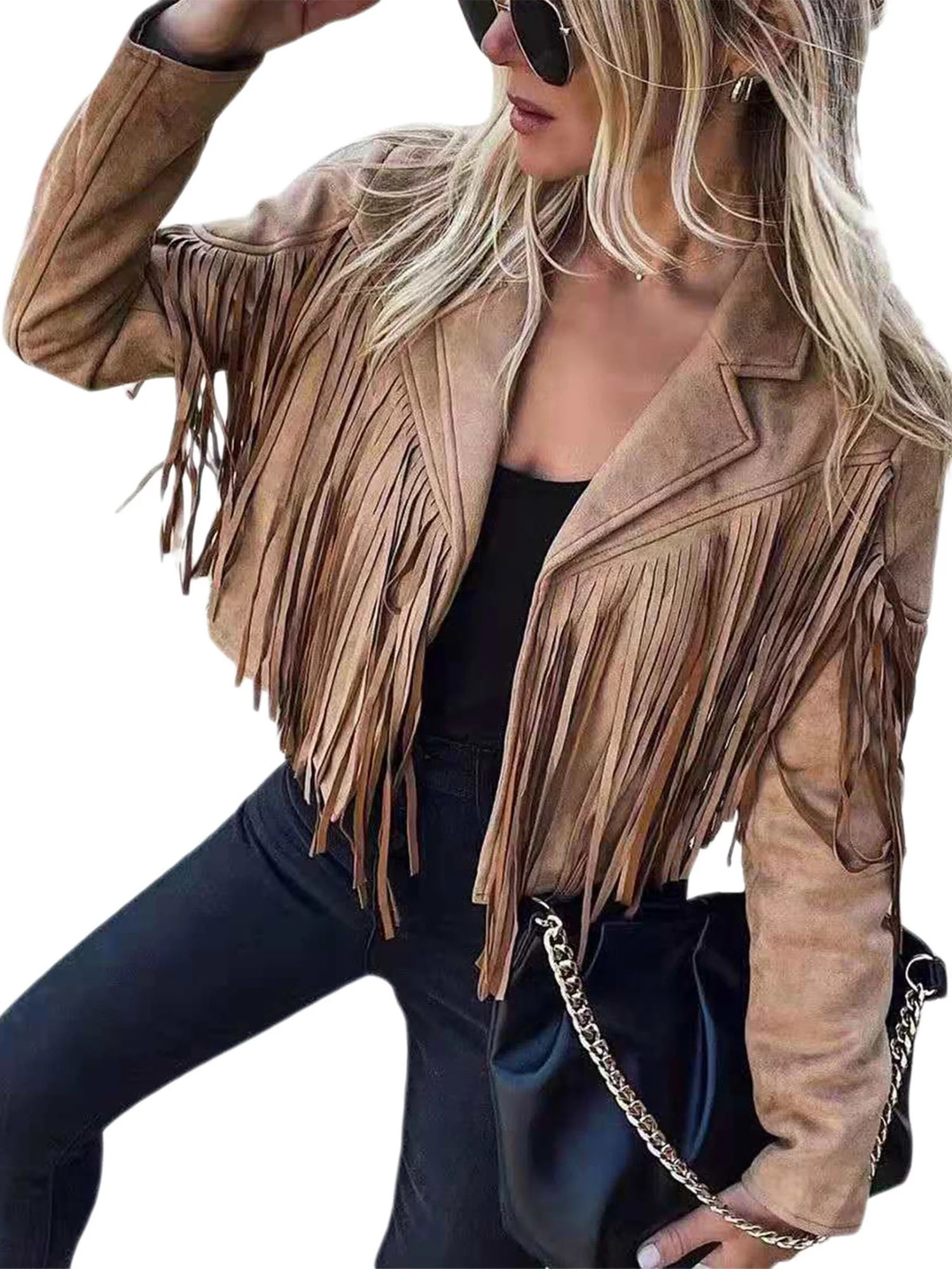 Women Long Sleeve Tassel Crop Jacket Open Front Solid Suede Leather Fringe Jacket Motor Biker Lap... | Walmart (US)