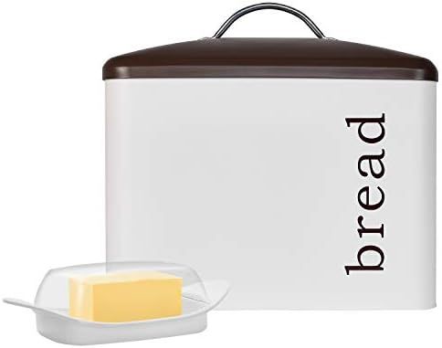 Home & Abode Bread Box For Kitchen Countertop - Large, White With Brown Lid, Metal, Farmhouse Kit... | Amazon (US)