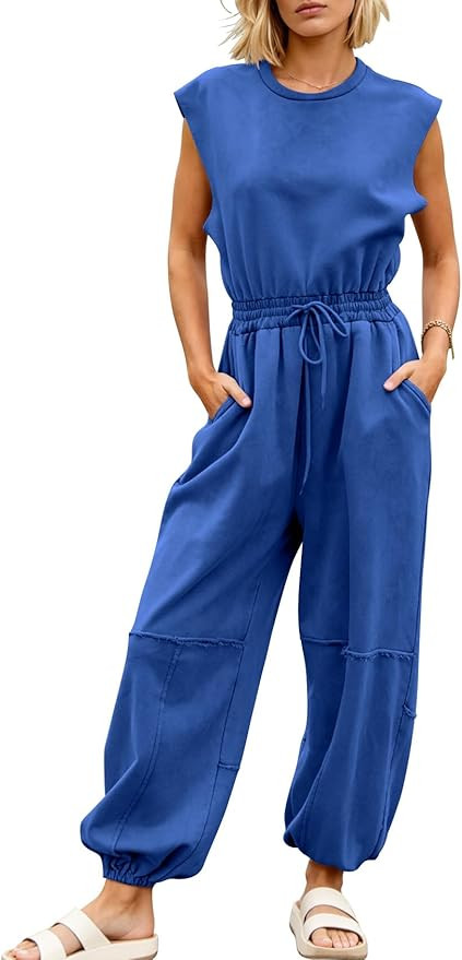 Kissonic Jumpsuits for Women Casual Crewneck Cap Sleeve Drawstring Romper One Piece Outfits with ... | Amazon (US)