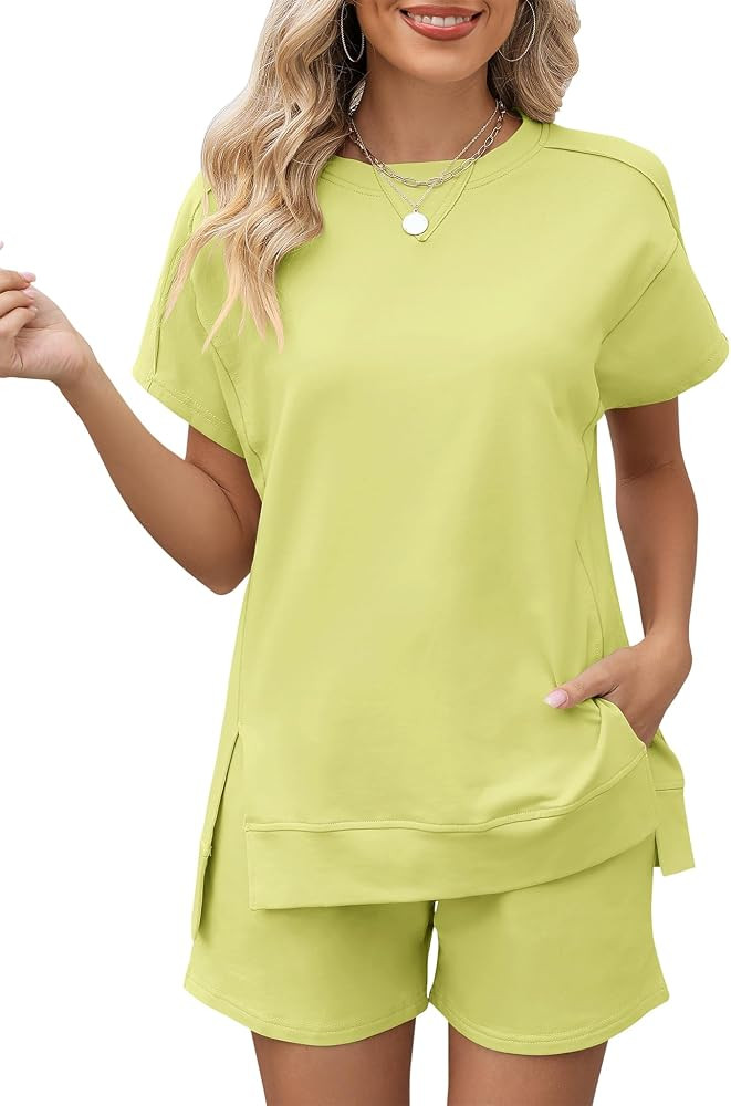 LOMON Womens Fashion 2 Piece Outfits Sweatsuits 2026 Summer Short Sleeve Loungewear Tracksuit Rou... | Amazon (US)