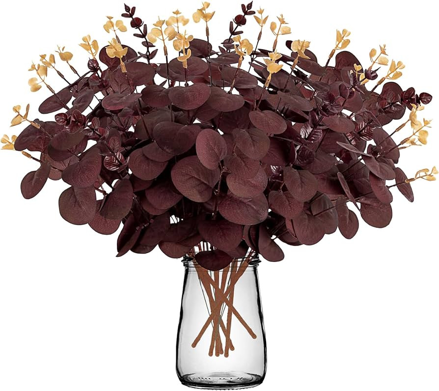 20PCS Dark Wine Red Halloween Eucalyptus Stems Artificial Fake Flowers Bulk Decorations, Burgundy... | Amazon (US)