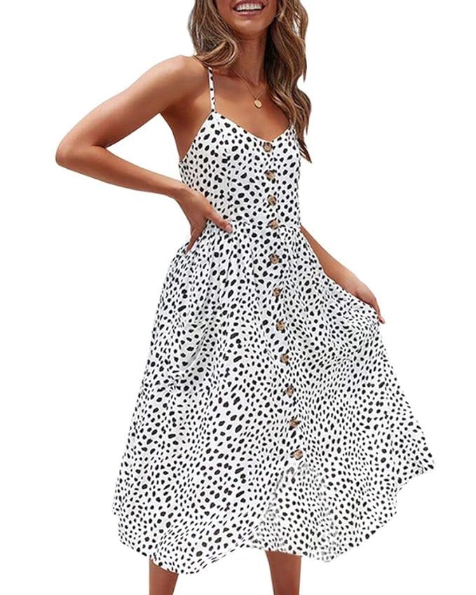 Imysty Womens Summer Spaghetti Strap Button Down Boho Casual Swing Midi Dress with Pockets | Amazon (US)