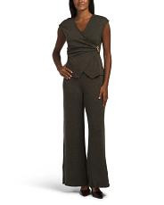 2Pc V-Neck Top With Side Metal Clasp And Wide Leg Pants Set For Women, Spandex/Polyester/Gold | TJ Maxx