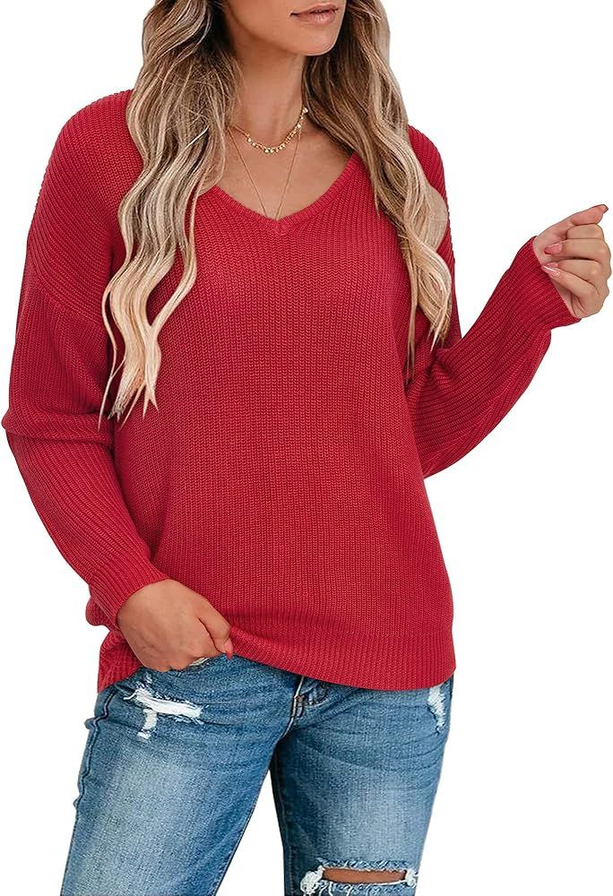 II ININ Women's Casual V Neck Long Sleeve Knit Top Loose Pullover Sweater | Amazon (US)