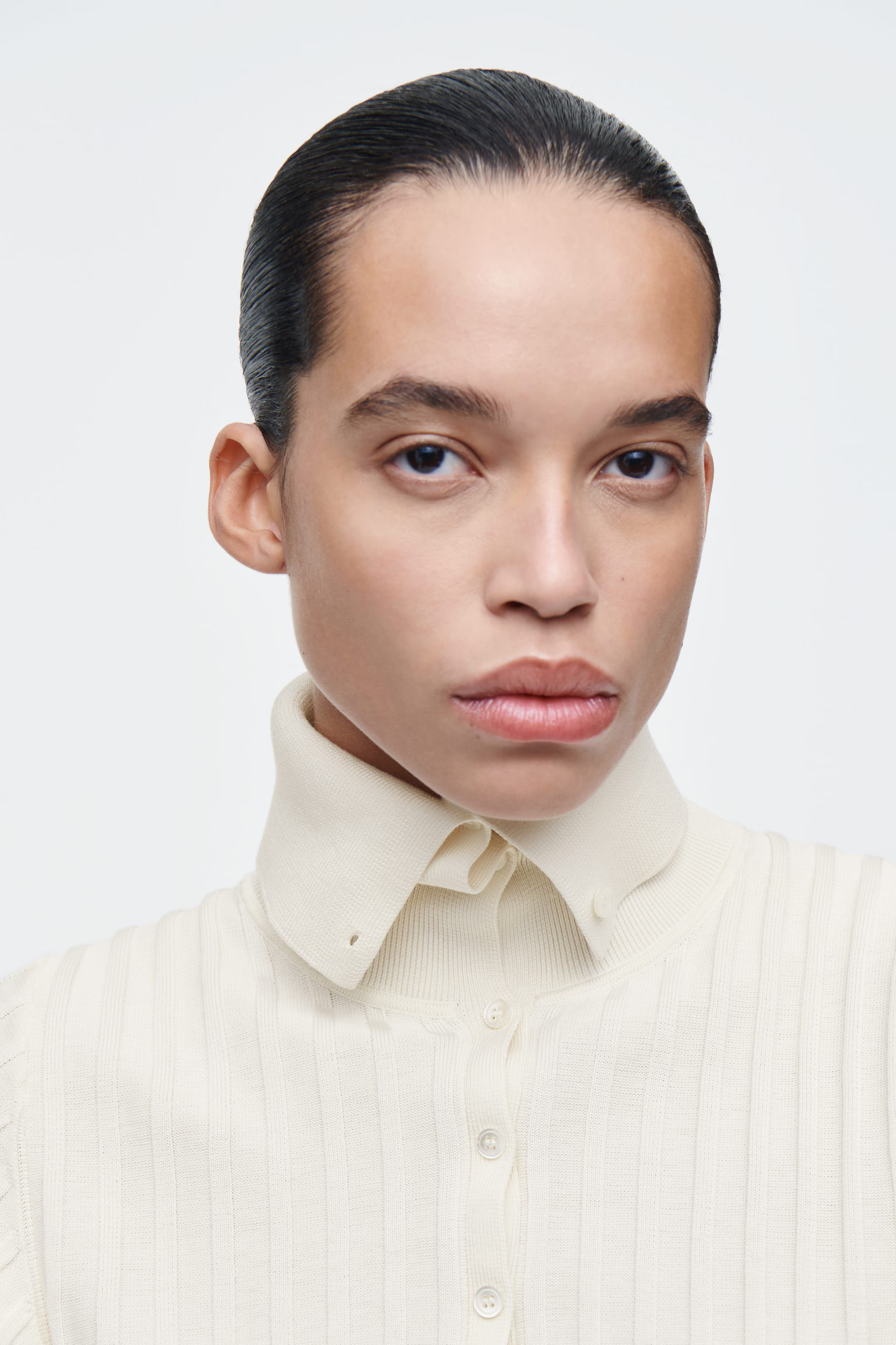 RIB-KNIT SILK POLO TOP - ECRU | COS UK