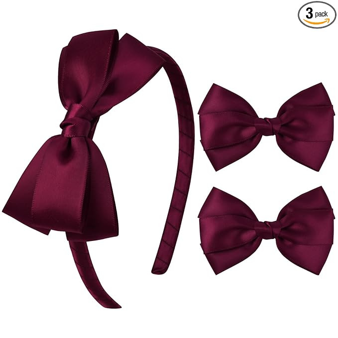 DEEKA Burgundy Bow Headband & 2 Pcs Satin 4 Inch Hair Bows Set Uniform Hair Accessories Hair Band... | Amazon (US)