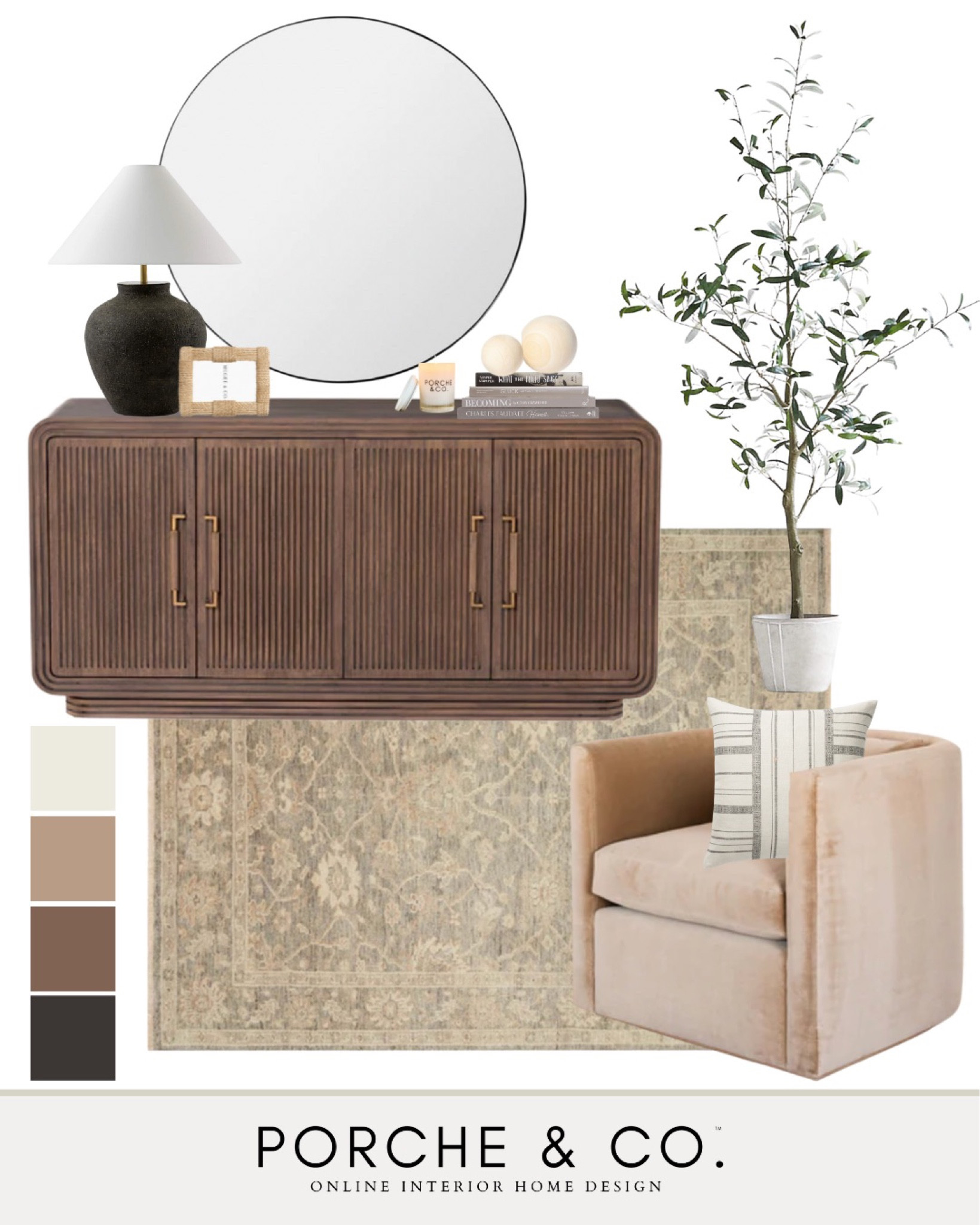 Entryway design, entryway inspo, entryway mood board, home decor, console table, accent chair, faux tree, round mirror #entryway #moodboard 

#LTKstyletip #LTKhome #LTKSeasonal