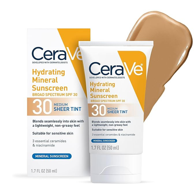CeraVe Hydrating Mineral Sunscreen SPF 30 with Sheer Tint, Tinted Mineral Sunscreen with Zinc Oxi... | Amazon (US)