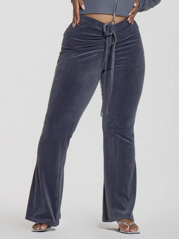 MUSERA Plus Size Faux Velour Fitted Flare Tracksuit Bottoms Trousers Autumn Winter Cool Girl, Going Out, Sexy Fall | SHEIN