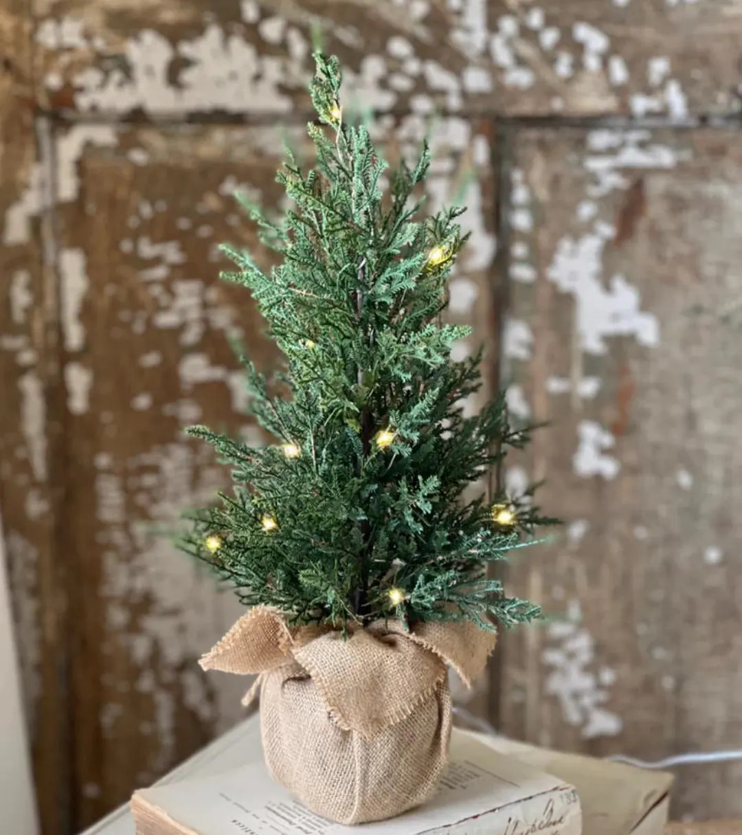 18” LED Lighted Starlit Cedar Christmas Tree | Rustic Burlap Wrapped | Holiday Tabletop Antique... | Etsy (US)