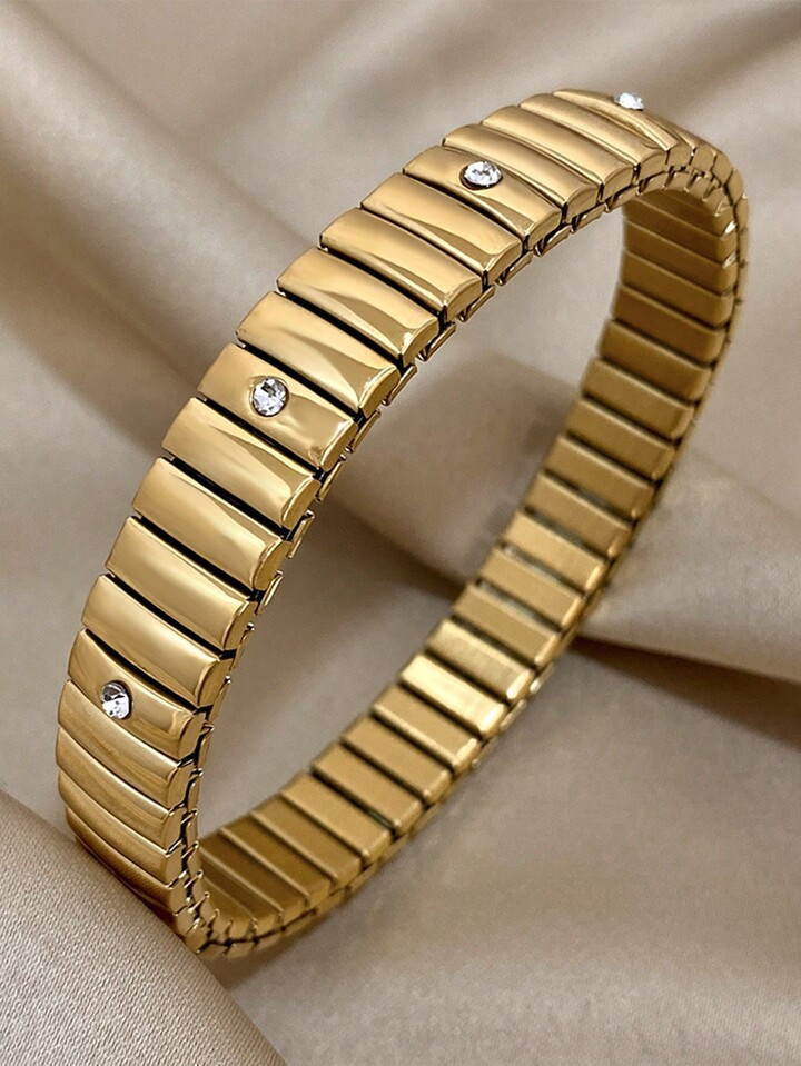 1 Pc Rhinestone Slim Stainless Steel Stretchy Bracelets For Women Teen Girls Gold Color Bangle Bracelets Summer Daily Party Jewelry Mother Day Gifts | SHEIN
