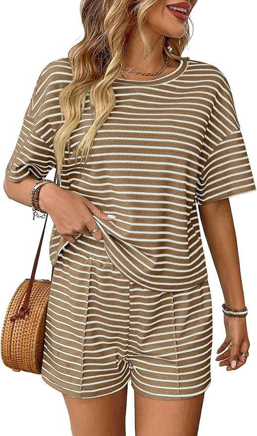 Pajama Sets for Women Striped Knit Stylish Athleisure Short Sleeve & Shorts 2 Piece Matching Loun... | Amazon (US)