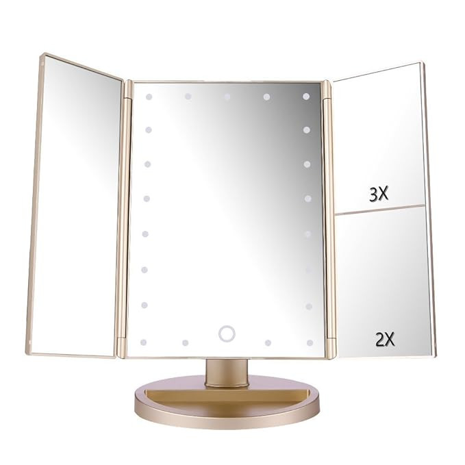deweisn Tri-Fold Lighted Vanity Mirror with 21 LED Lights, Touch Screen and 3X/2X/1X Magnificatio... | Amazon (US)