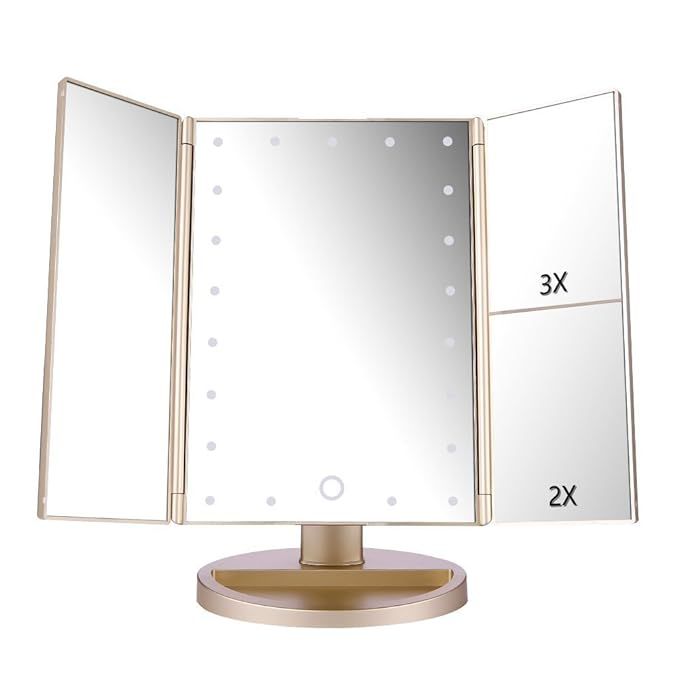 deweisn Tri-Fold Lighted Vanity Mirror with 21 LED Lights, Touch Screen and 3X/2X/1X Magnificatio... | Amazon (US)
