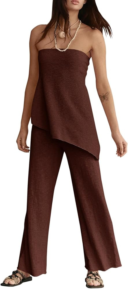 Tankaneo Womens 2 Piece Outfits Asymmetrical Tube Top Wide Leg Pants Knit Vacation Travel 2025 Ma... | Amazon (US)