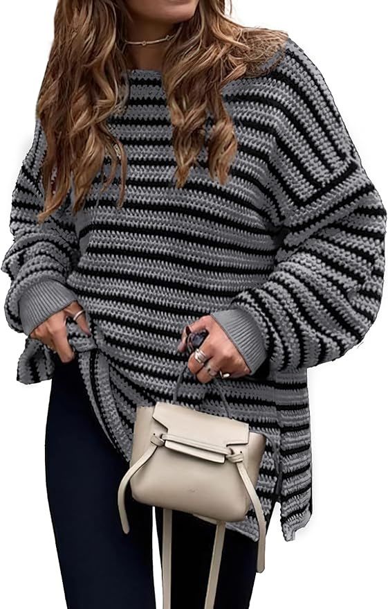 KIRUNDO Women's 2023 Fall Winter Oversized Long Sleeve Striped Sweater Casual Crewneck Side Split... | Amazon (US)