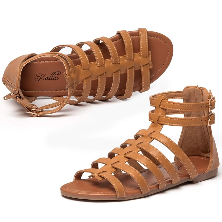 katliu Women's Gladiator Sandal Strappy Flat Sandals Two Ankle Buckle | Amazon (US)