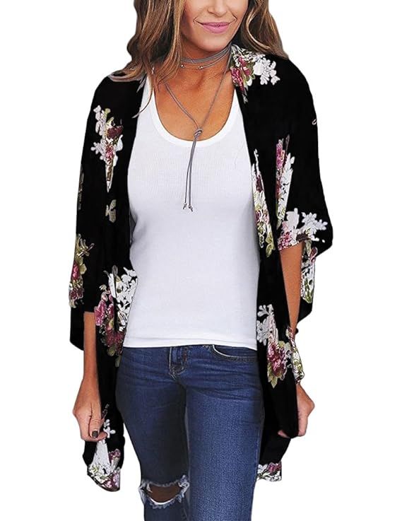 Zexxxy Women Floral Print Kimono Sheer Chiffon Cardigan Half Sleeve Cover Up | Amazon (US)