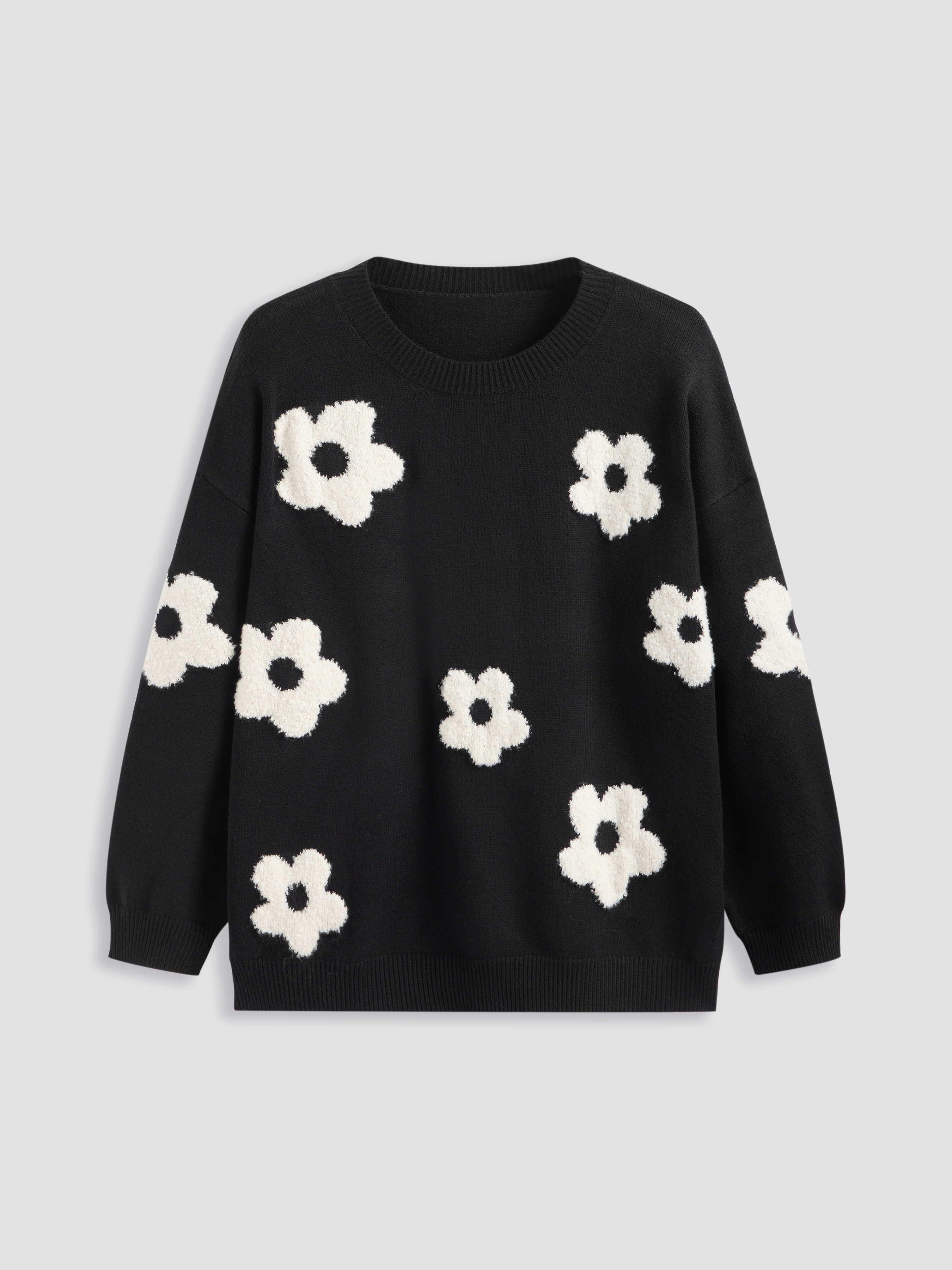 Knit Fabric Knit Round Neckline Floral Long Sleeve Sweater Curve & Plus For School Daily Casual | Cider