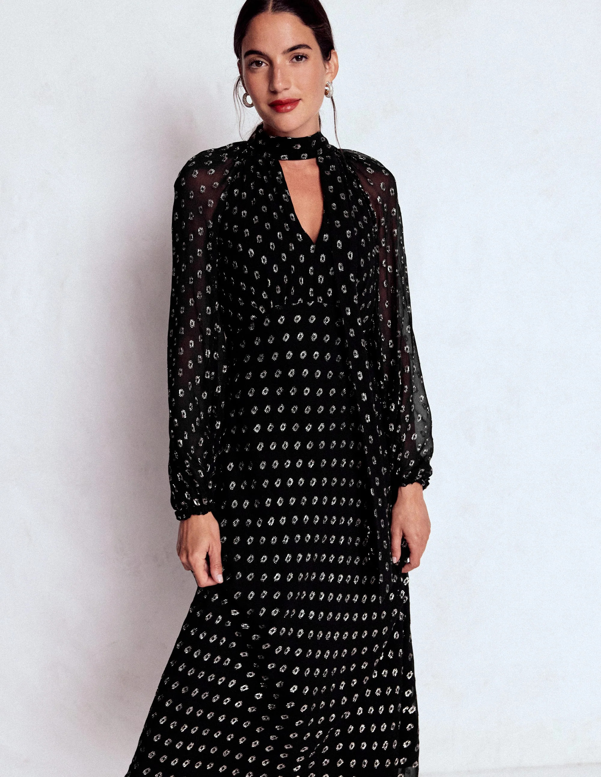 Tie Neck Midi Dress-Black and Silver Clip | Boden (US)