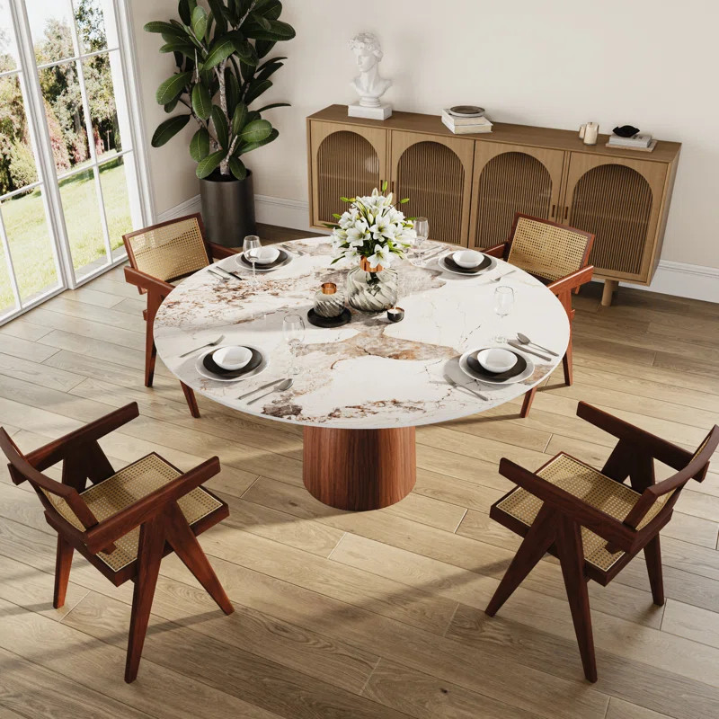 Orren Ellis Daevian Round Stone Top Solid Wood Base Dining Table | Wayfair | Wayfair North America