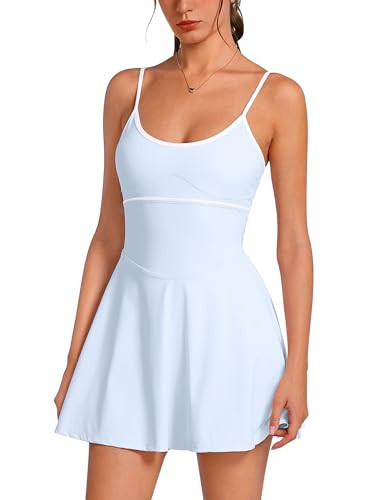 ABOCIW Athletic Dress for Women Color Block Spaghetti Strap Tennis Dress Built in Bra and Shorts Backless Side Slit Exercise Workout Golf Active Dresses White Trim Light Blue Medium | Amazon (US)