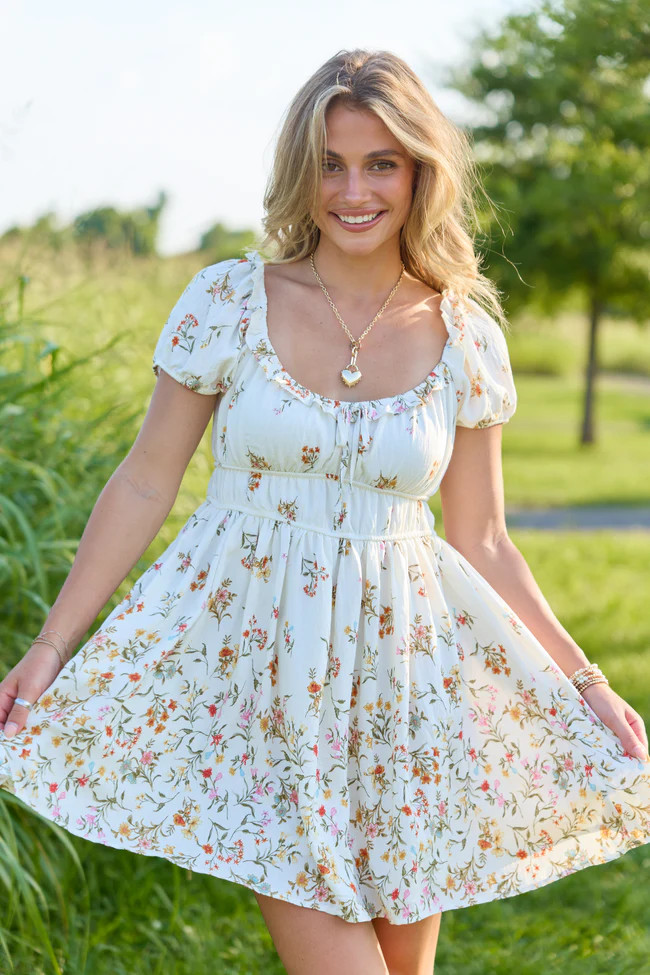 Sunlit Garden Ivory Multi Floral Puff Sleeve Mini Dress | Pink Lily