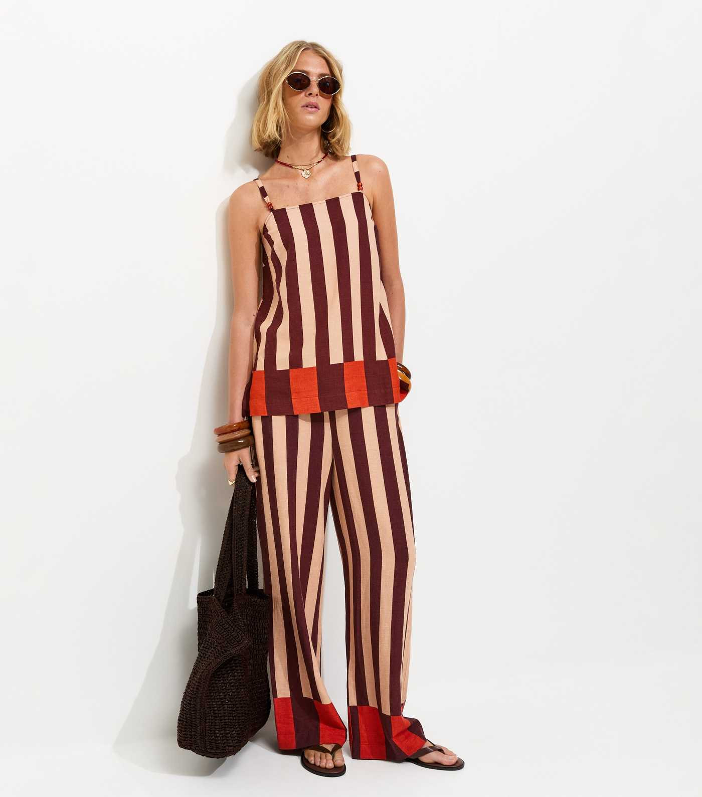 Brown Striped With Linen Longline Cami Top | New Look | New Look (UK)