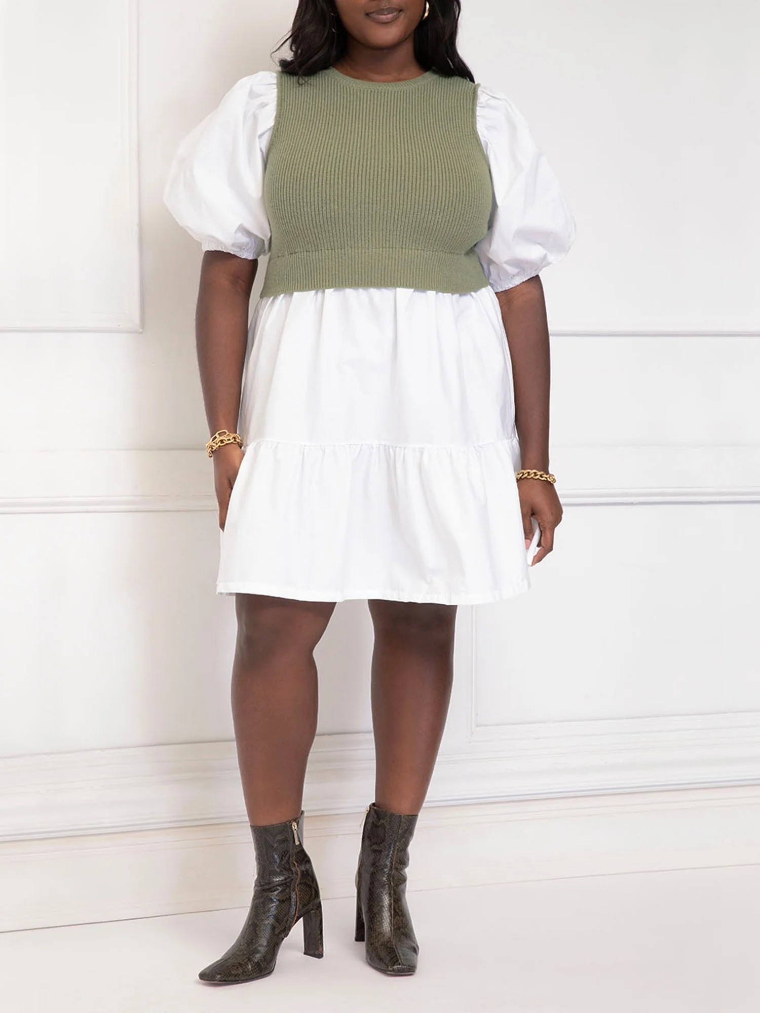 ELOQUII Elements Women's Plus Layered Look Poplin Dress with Sweater | Walmart (US)