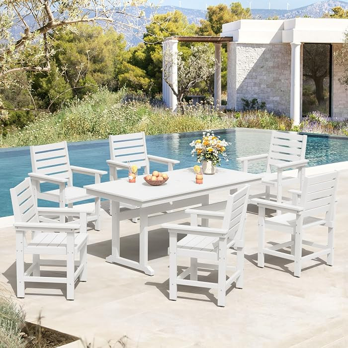 7 Piece Patio Dining Set, 66" Rectangle HDPS Weather Resistant Outdoor Table & 6 Patio Chairs Set with 1.96" Umbrella Hole, Heavy Duty Chairs for Backyard Balcony Deck, White | Amazon (US)