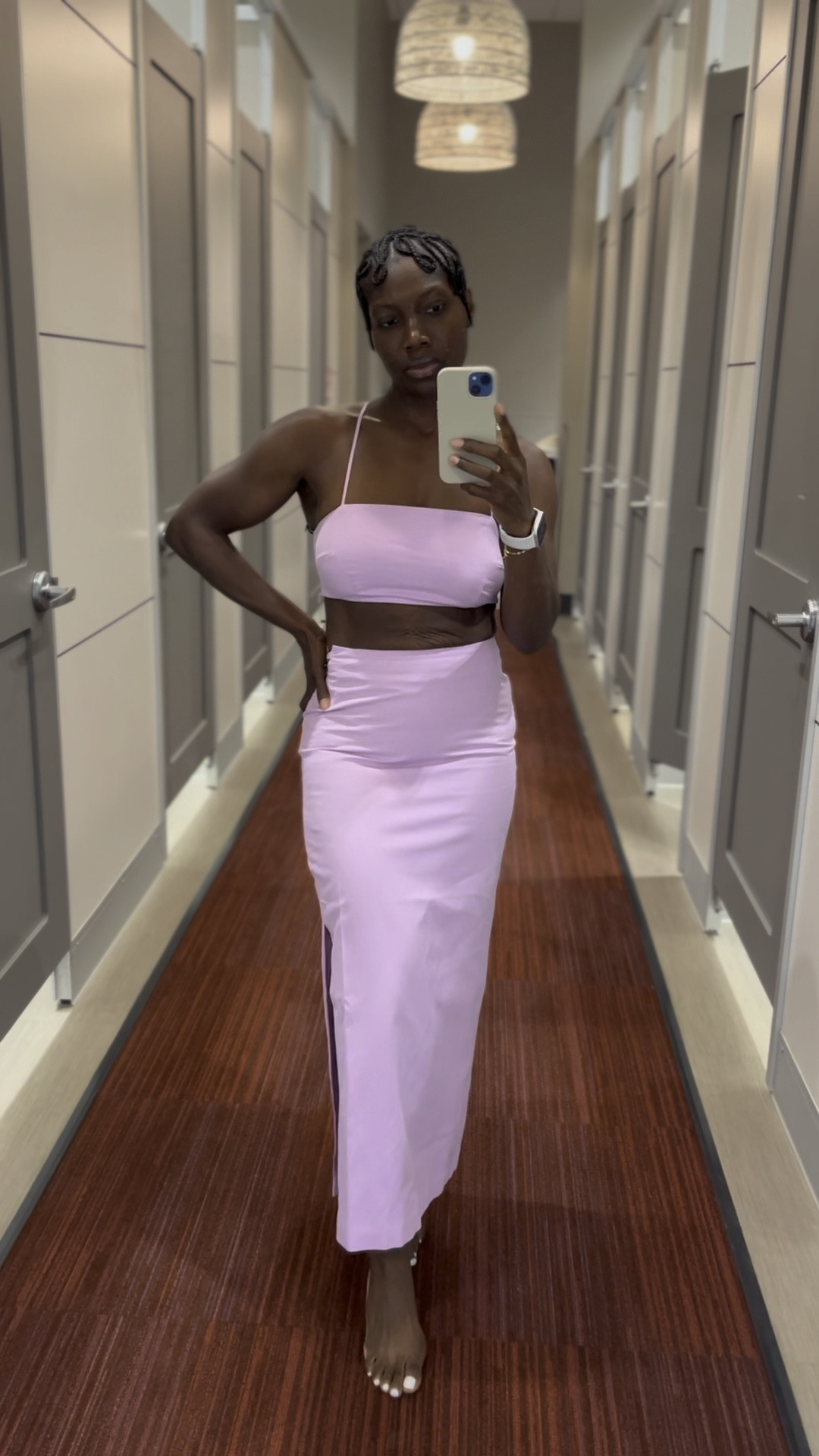 Two piece set. Great for an occasion. Feels very comfortable and breathable. Color is gorgeous. Wearing a small in the top and a 4 in the bottom (I needed a 6). 
