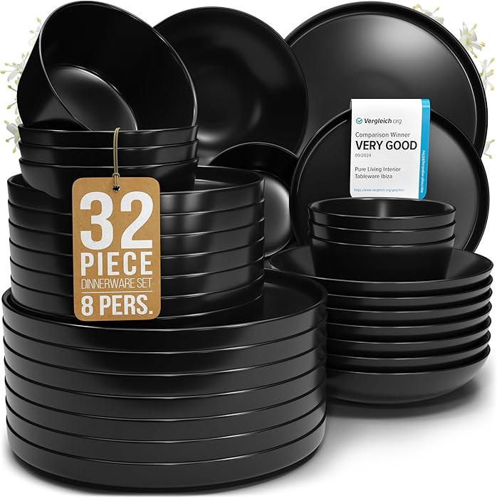 32 Piece Black Dinnerware Set for 8 | Matte Black Plates and Bowls Sets, Modern Stoneware Black D... | Amazon (US)
