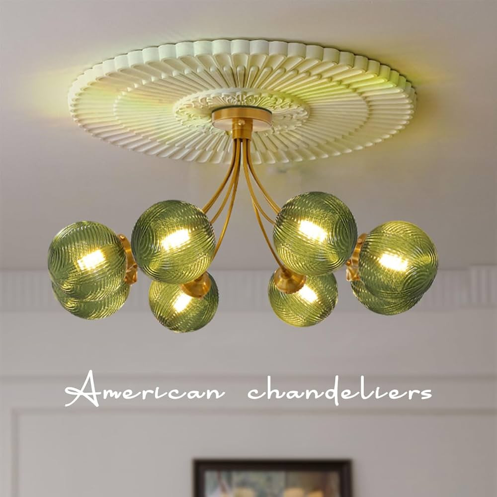 Mid Century Ceiling Light Hand Blown Glass Chandelier 8-Light Vintage Green Glass Sputnik Light Fixtures Gold Semi Flush Mount Ceiling Light for Entryway Living Room Dining Room | Amazon (US)