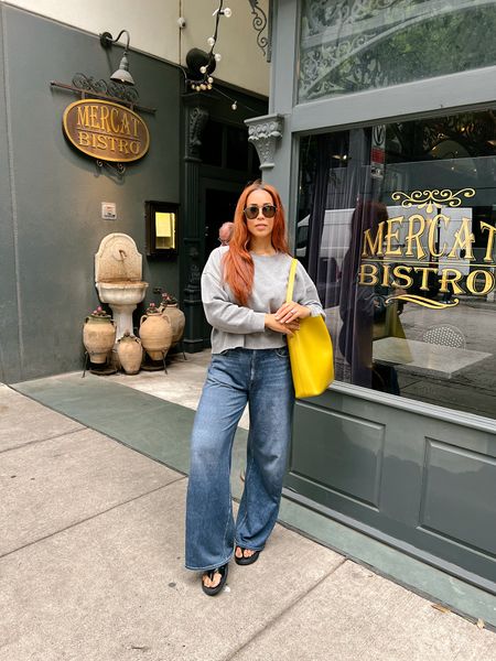 Spring in a nutshell. Target pullover, sweats made to look like jeans, a great pair of aviators and an elevated flip flop. 

Spring style
Spring fashion
Cozy style
Mom style 
Mom fashion 
Street style 
