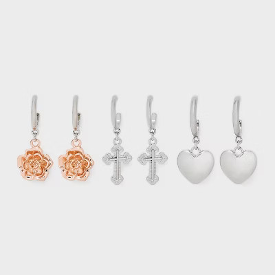Heart Rose Gothic Cross Earring Trio - Wild Fable™ Silver | Target